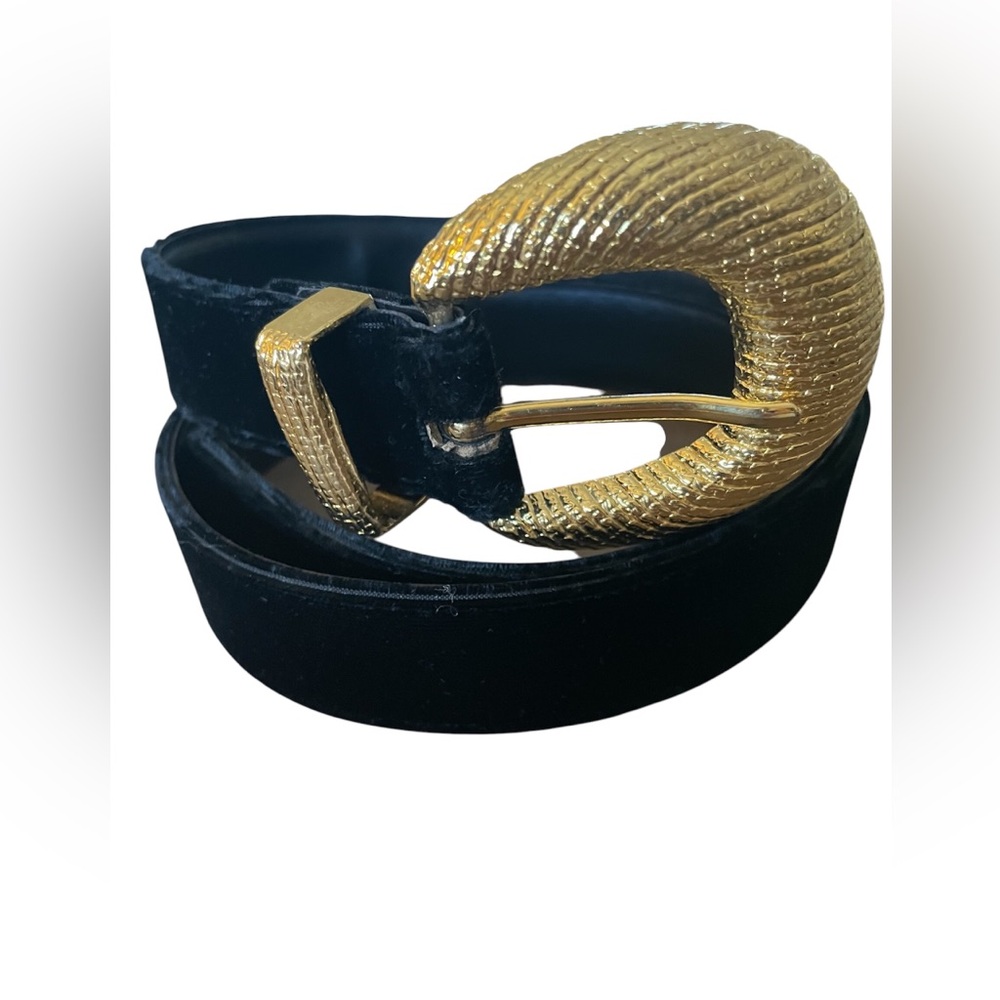 Talbots Black Velvet Belt Gold Textured Crescent Buckle Size Large